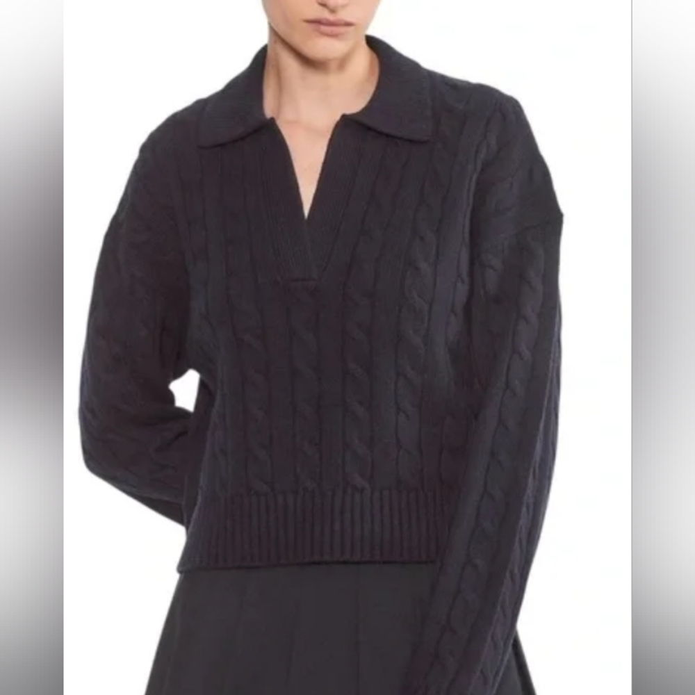 Sunday Best Black Wool Blend Cropped Polo Cableknit Sweater XS‎